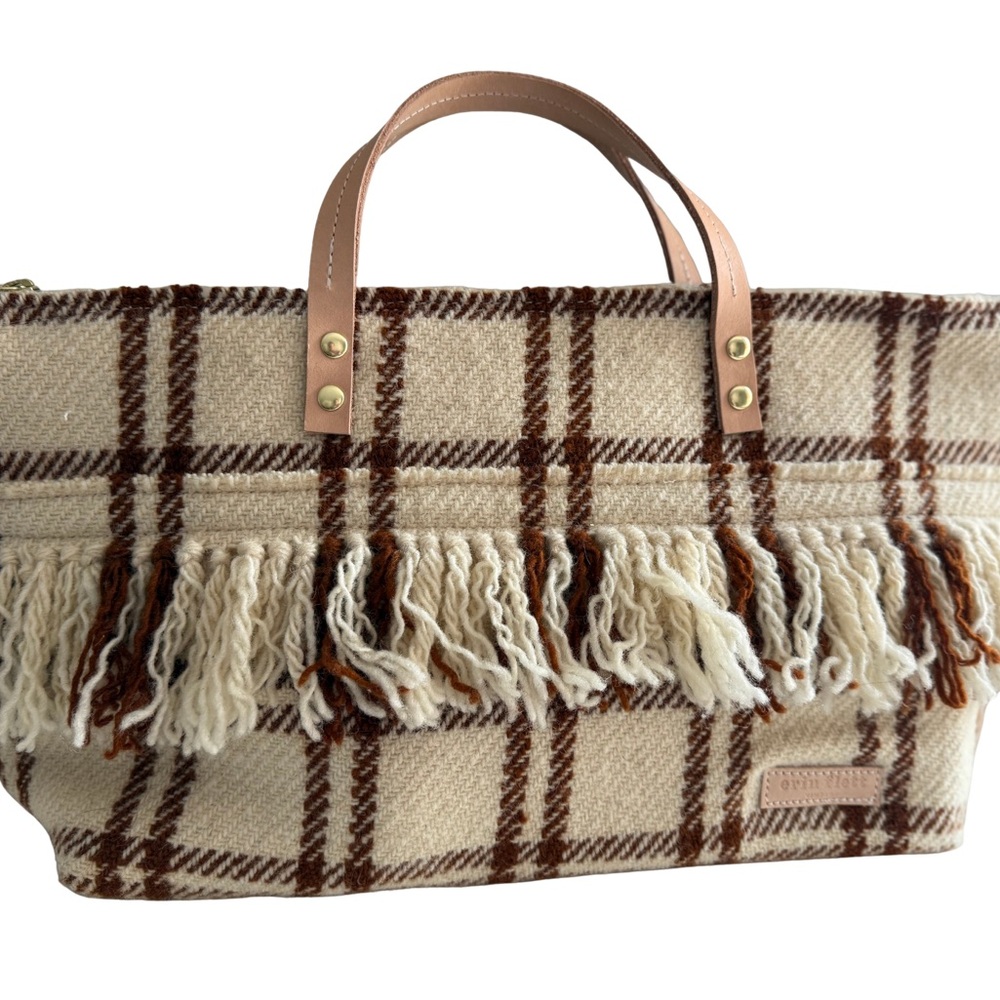 Vintage blanket ONE OF A KIND Cream Plaid Tote with Fringe